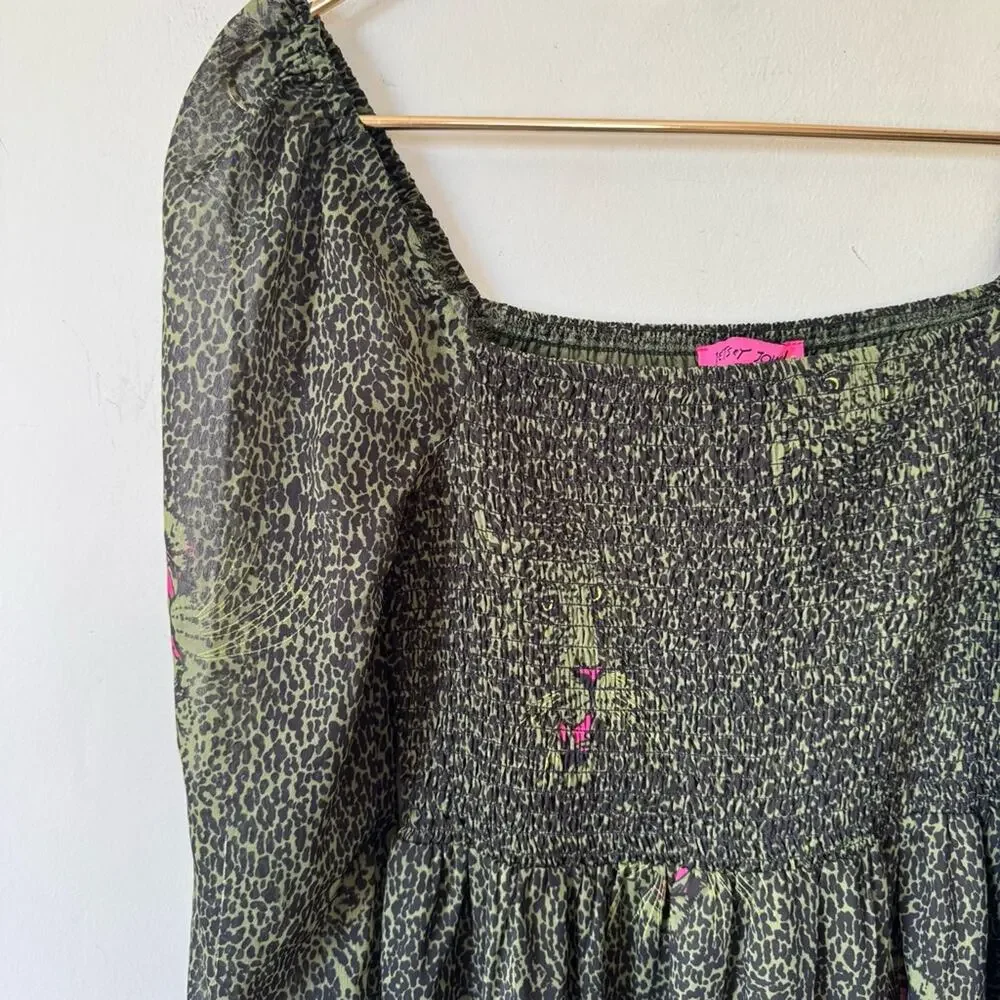 Betsy Johnson Green and Black Leopard animal Print Smocked Tiered Midi Dress S - Picture 5 of 12